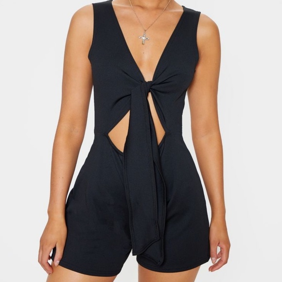 PrettyLittleThing Pants - Black tie front romper